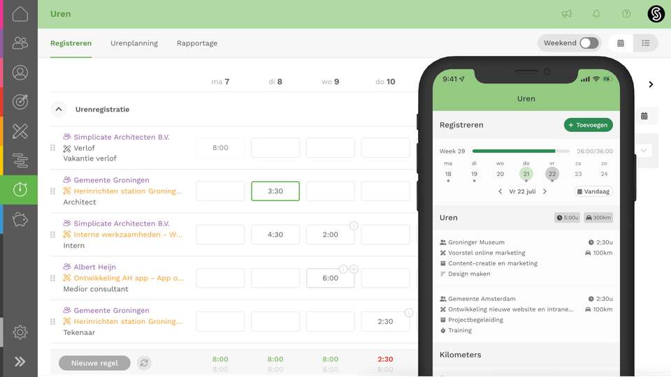 Screenshots van urenregistratie software in Simplicate