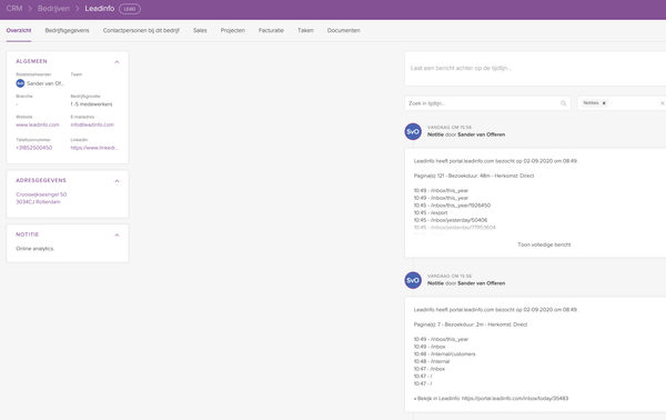 Crm tijdlijn update leadinfo
